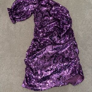 For Love & Lemons Madeline Sequin Purple One Shoulder Asymmetrical Mini Dress M